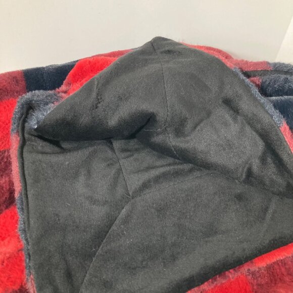 Vince Camuto Faux Rabbit Fur Buffalo Check Throw Blanket Black Red 50 x 64" - Picture 5 of 6